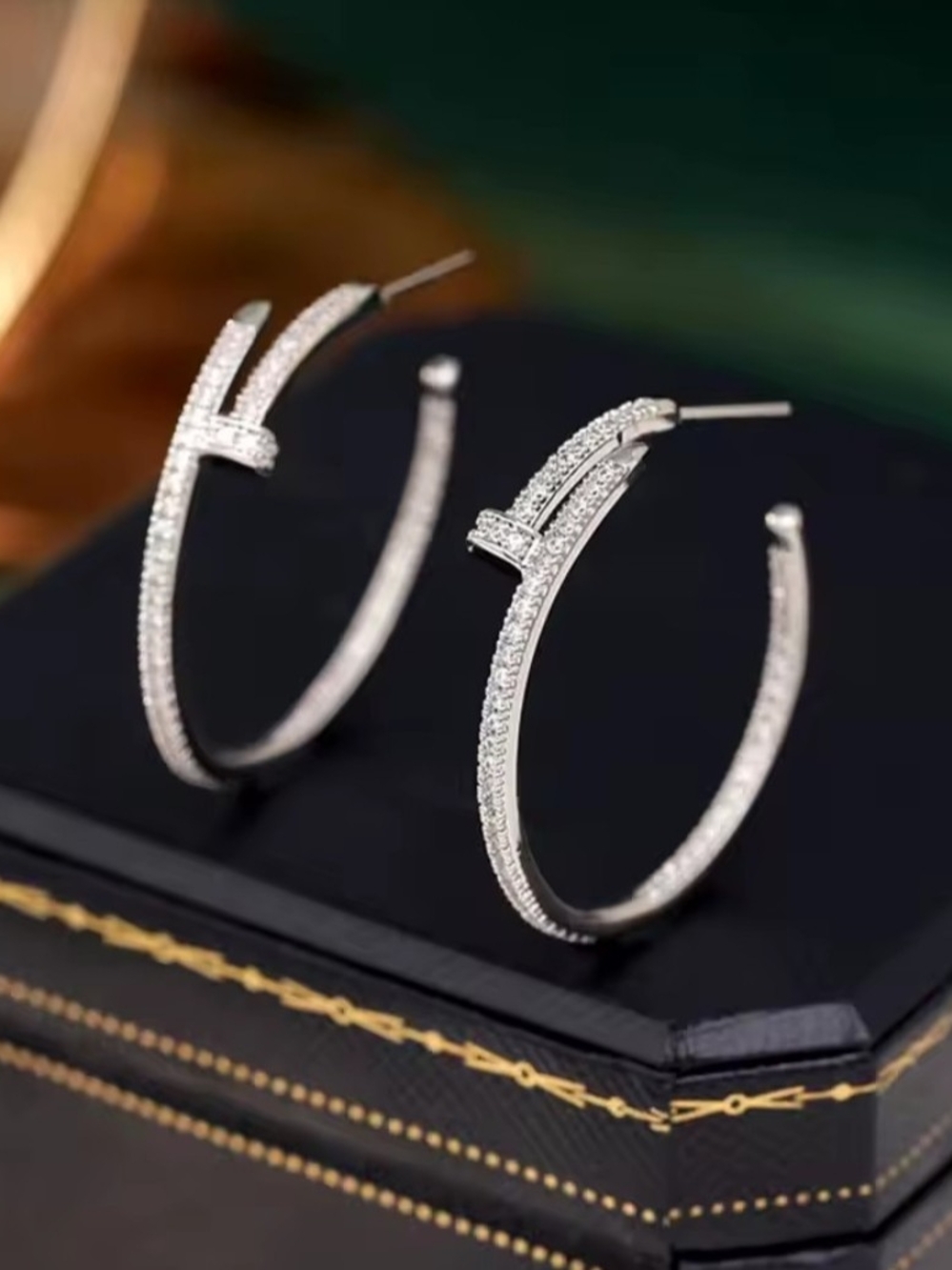 White Rhodium Nail Pavé Hoop Earrings